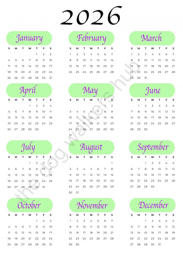Green style quick glance 2026 Calendar