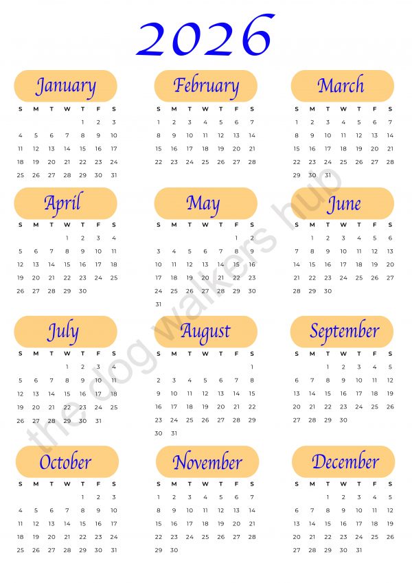 Orange style quick glance 2026 Calendar