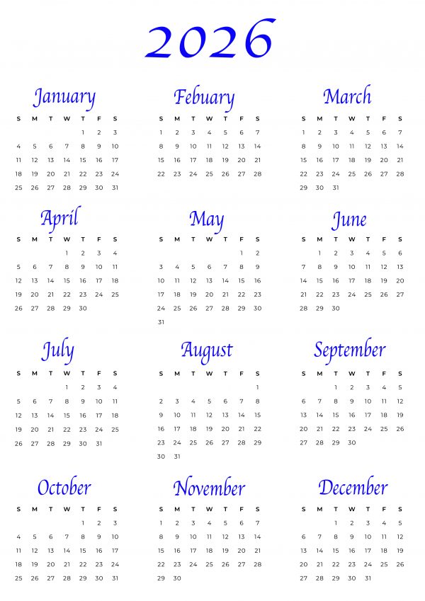 Quick glance 2026 Calendar