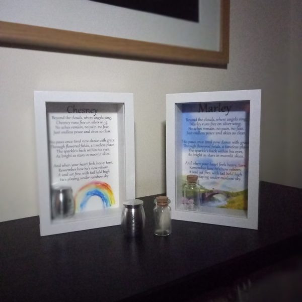 Pet remembrance frame with custom Rainbow Bridge poem and keepsake urn