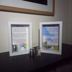 Pet remembrance frame with custom Rainbow Bridge poem and keepsake urn