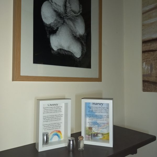 Pet remembrance frame with custom Rainbow Bridge poem and keepsake urn