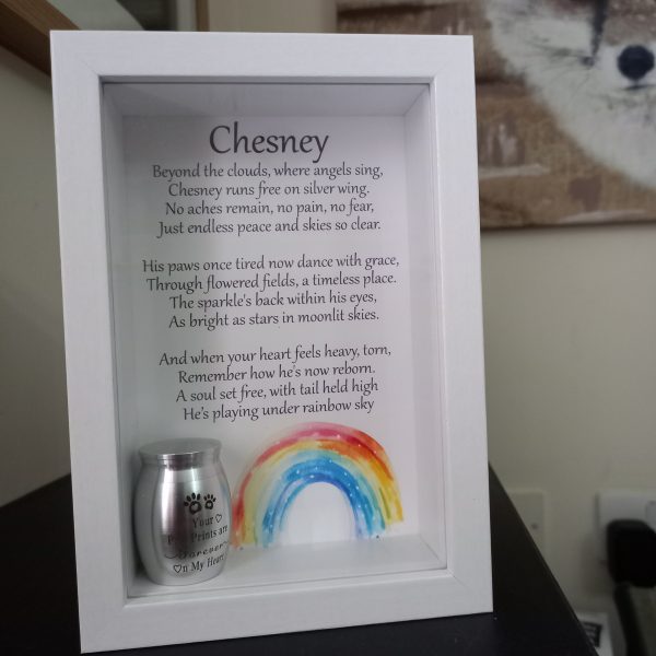 Pet remembrance frame with custom Rainbow Bridge poem and keepsake urn