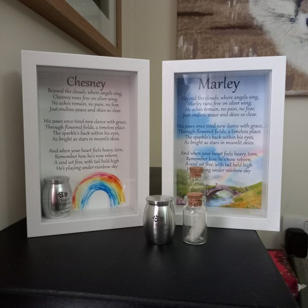 Pet remembrance frame with custom Rainbow Bridge poem and keepsake urn
